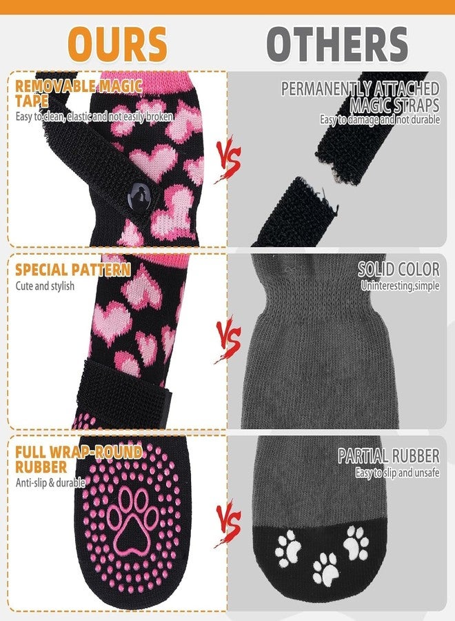 كولتيل جوارب كولتايل المضادة للانزلاق للكلاب، مناسبة للأرصفة الساخنة والباردة لمنع لعق الكفوف، أحذية واقية للكلاب مع واقيات للكفوف مزودة بمقابض للأرضيات الخشبية، جوارب وردية مزينة بقلوب لعيد الحب، مناسبة للكلاب الصغيرة والمتوسطة والكبيرة. - Image 4